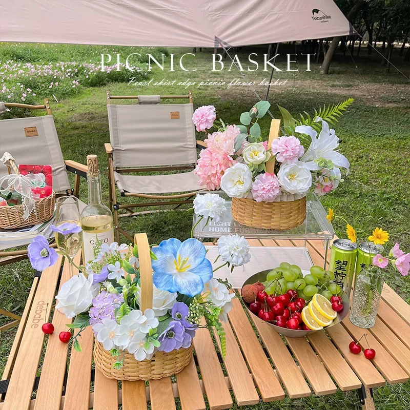 Artificial Flowers Lily Tulip Eucalyptus Vine Weaving Handheld Flower Basket Wedding Party Gift Office Table Props Decoration