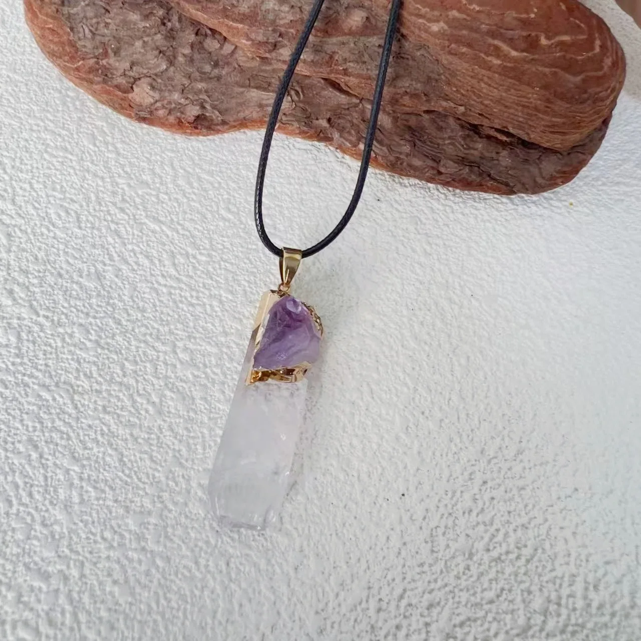 

Natural Amethyst Clear Quartz Raw Stone Pendant, Spiritual Healing Amulet Jewelry Gift