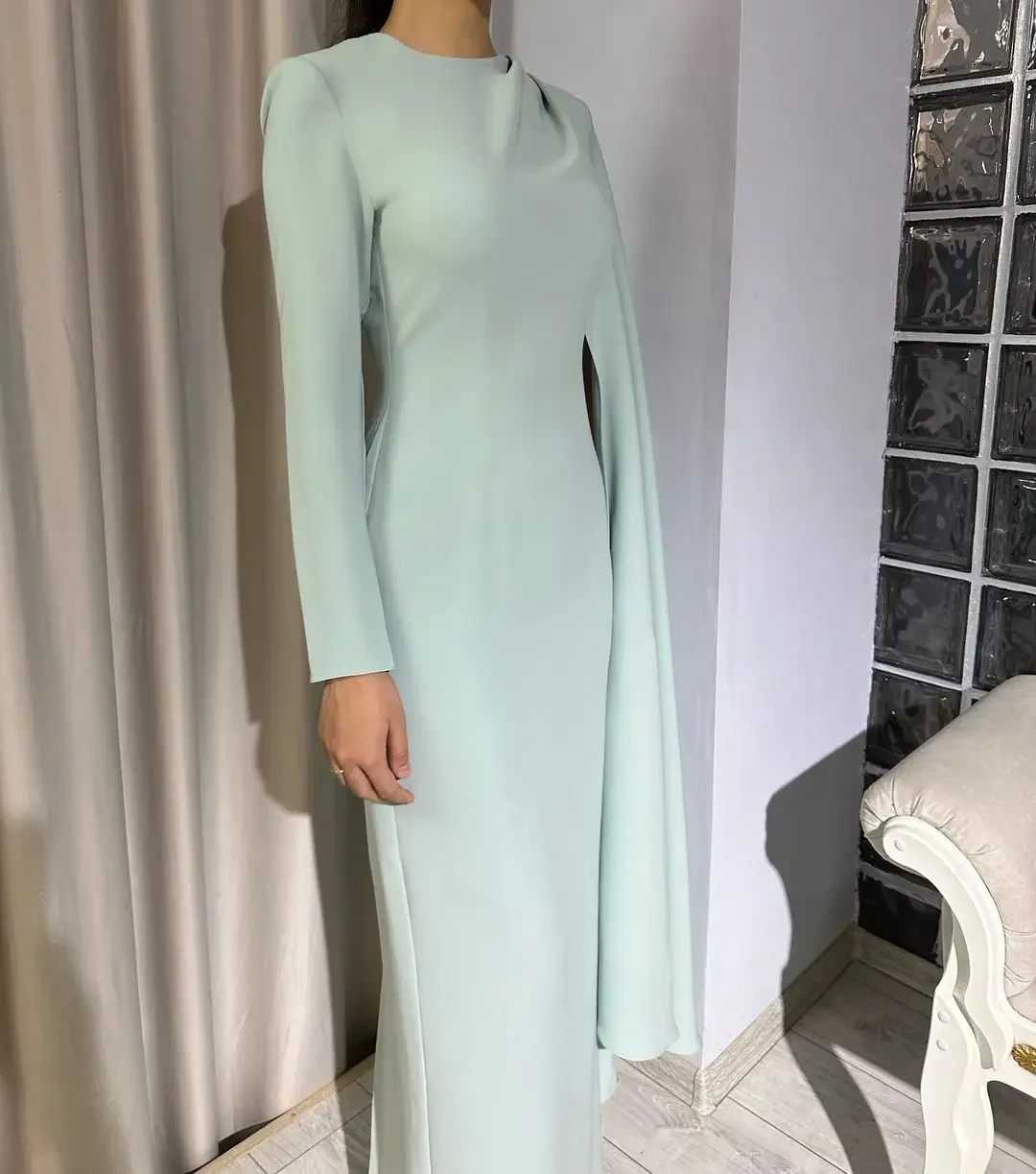 Customized Elegant O-Neck Long Sleeve Prom Dresses Straight Evening Dresses Floor Length Party Dresses Saudi Arabia Vestidos De