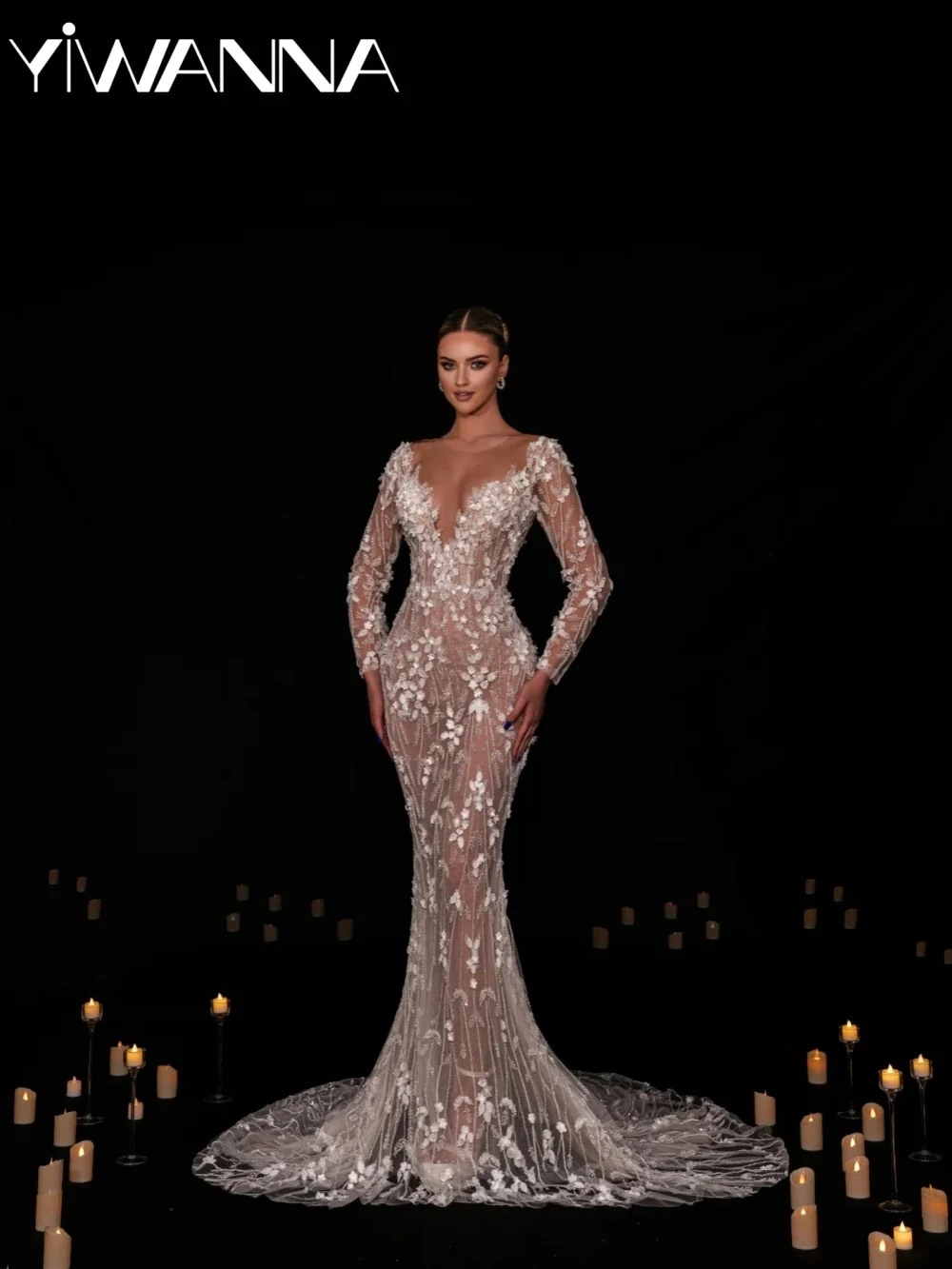 

Opulent Illusion Beaded Appliques Wedding Dress Dreamy Long Sleeved Mermaid Bridal Gown New Customized Elegant Dresses For Bride