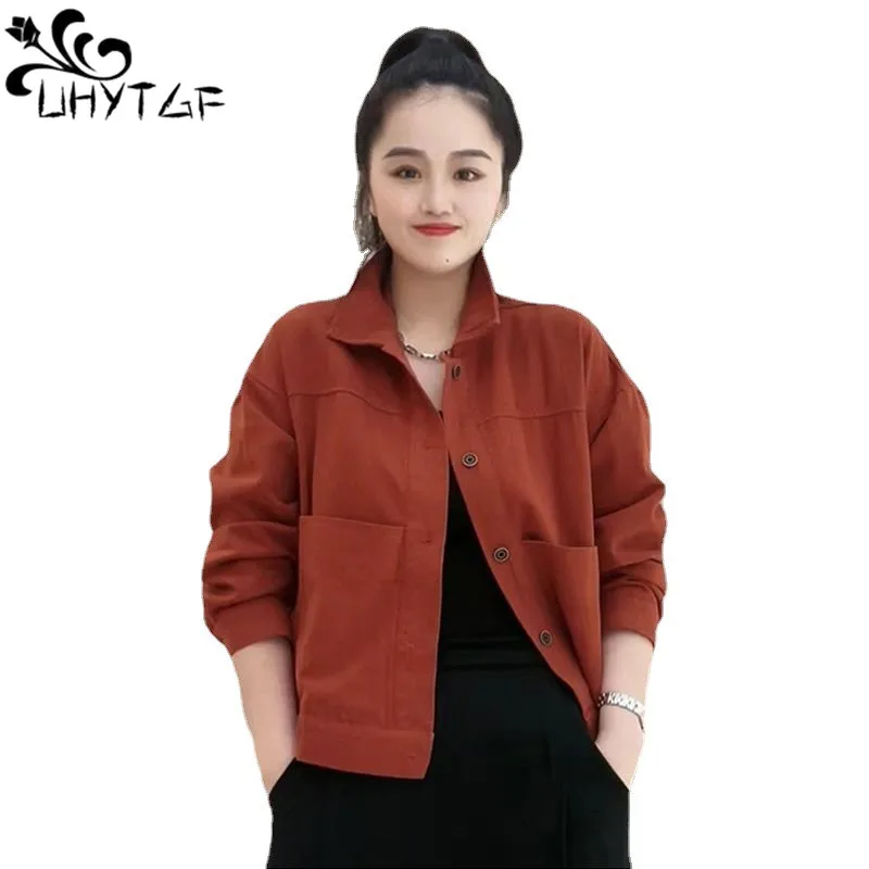 UHYTGF 4XL Loose Coat Women's Fashion Splicing Pocket Casual Autumn Jacket Female Solid Color Casual Vintage Thin Outerwear 2186