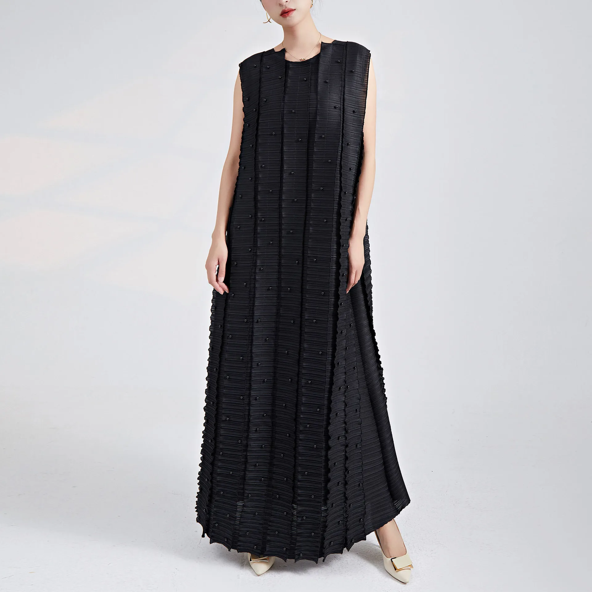 

Miyake Pleated 2023Summer Beaded Dress High Fashion Plus Szie Dress With Belt Designer Inspired Dresses Black Aesthetic Clothes