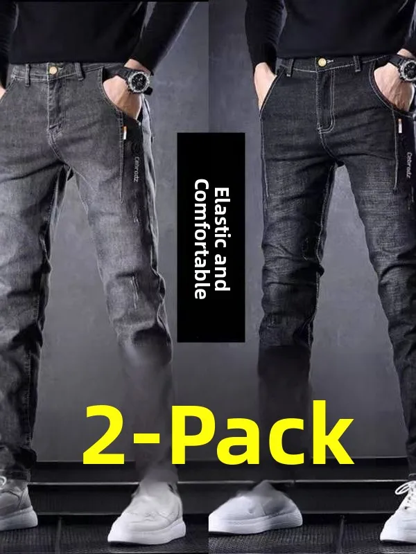Elastic Straight Leg Work Jeans Men's Youth Casual Black Long Trousers Wear Resistant Cotton Denim mid Waist Zipper Fly