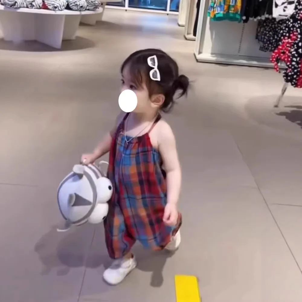 UNITIM Summer Kids Girls Suspenders Cotton Colorful Plaid Children Girls Dress Sweet Hair Tail Baby Girls Overalls Strappy Pants