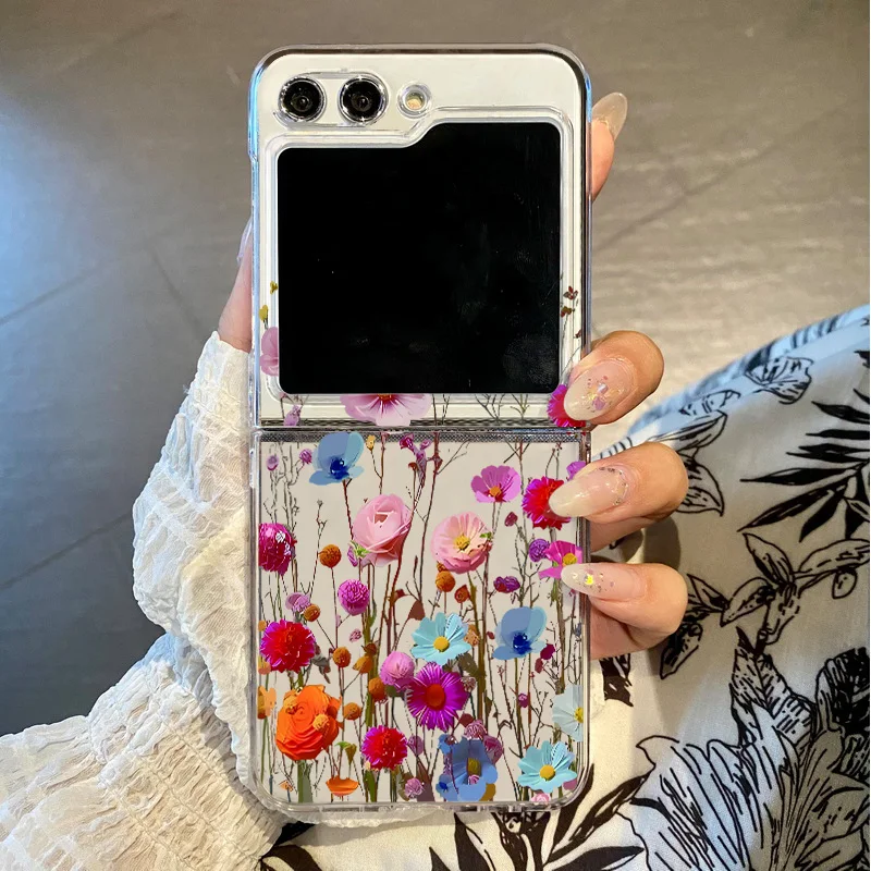 Für Samsung Galaxy Z Flip 6 5 4 3 5G Retro Blumen Telefon Fall Transparent Folding PC Hard Cover für Samsung Z Flip6 Flip5 Flip4