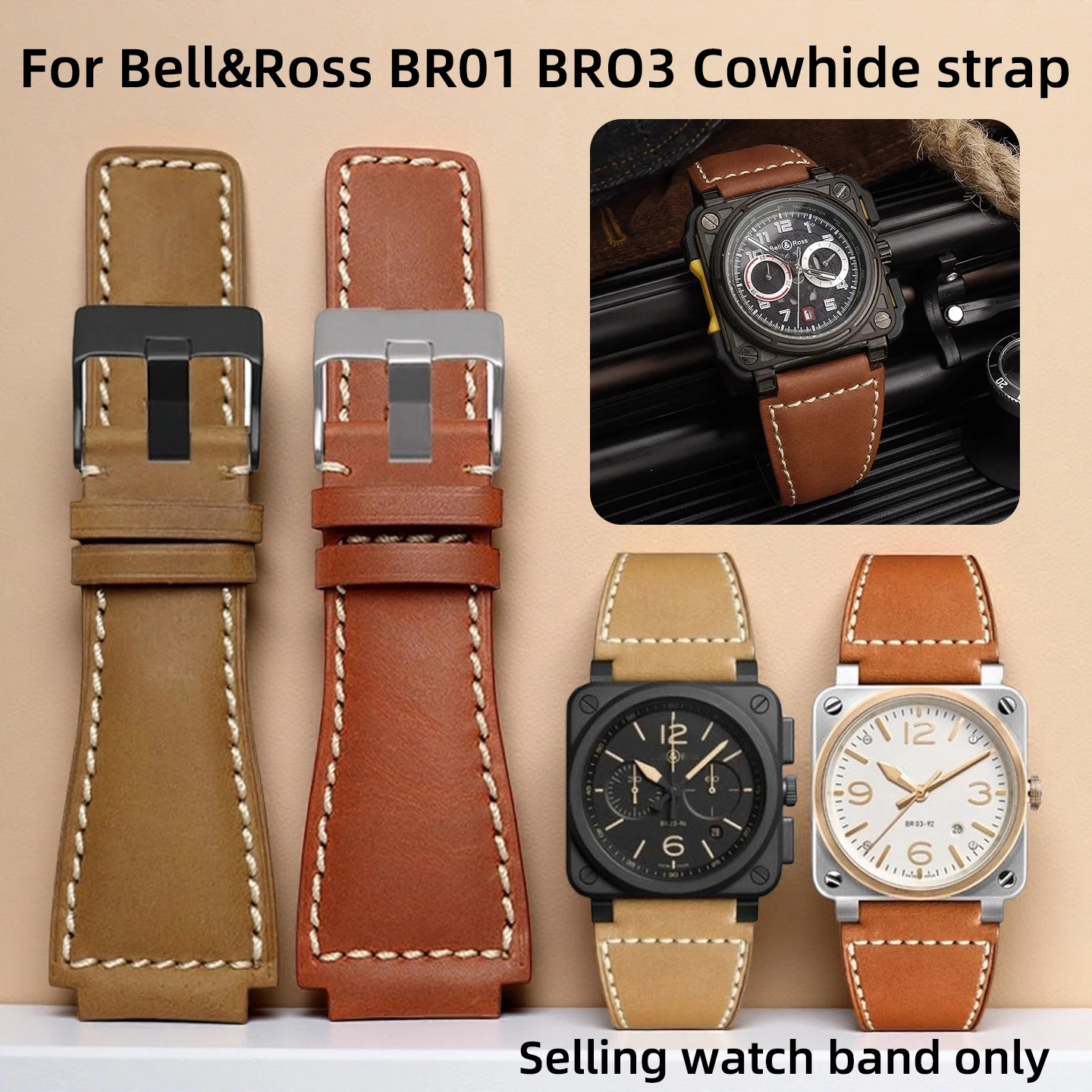 35-24mm Convex Cowhide Band For Bell Ross B&r Br-01 Br-03 Men Genuine Leather Watchband Silicone Rubber Waterproof Watch Strap