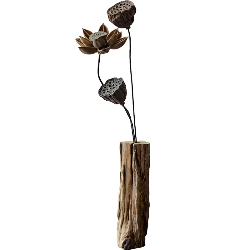 Chinese Retro Zen Style Solid Wood Dried Flower Vase Bamboo Tea Room Coffee Table Wooden Ornament Interior Home Decoration