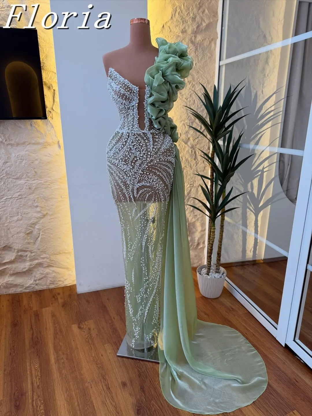 

Haute Couture Green Dubai Mermaid Party Dress Beads White Pearls Ruffles Women Evening Gown Customize Long Robe Prom Dresses