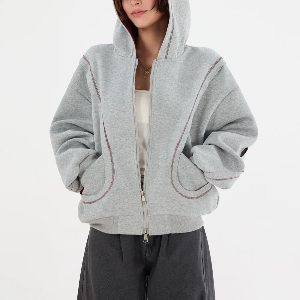 

Couples Trendy Loose Hoodie Oversized Patchwork Design Retro Zip Jacket for Men & Women Casual Slimming Outerwear