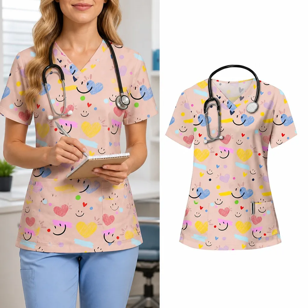 Women's Surgical Gown, Cartoon Animal Print Veterinary Nurse Top, Fashionable V-neck Short-sleeved T-shirt, Medical Uniform view 4