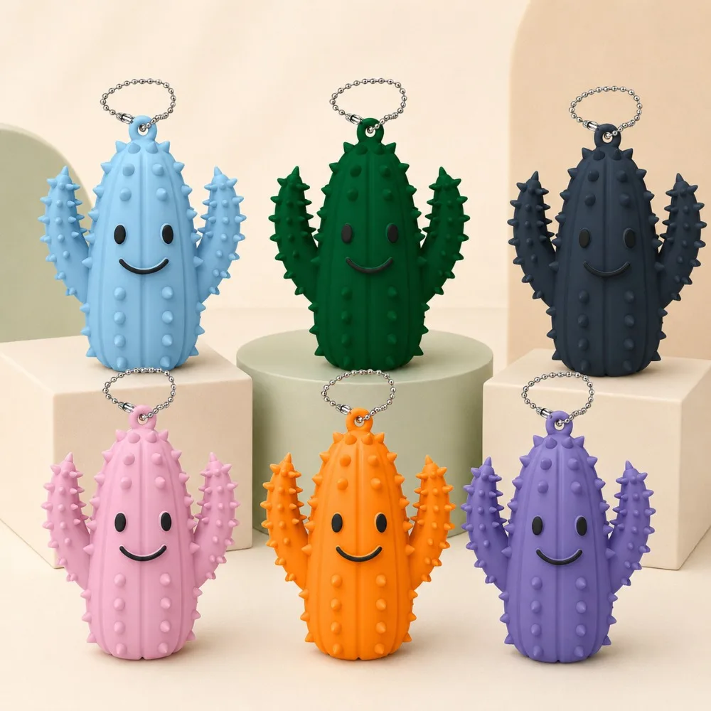 Hard Spiky Cactus Keychain, Smiling Squeeze Bag Charm with Ball Chain, 6 Colors, Cute Pendant for Keys, Backpacks and Purses