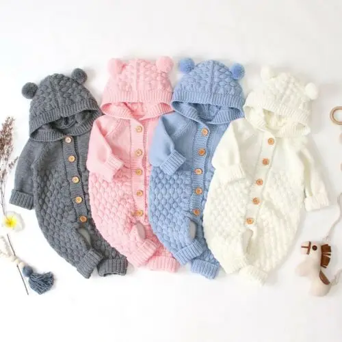 0-24M Newborn Baby Winter Knit Hoodie Romper Long Sleeve Knitted Solid Color Button Sweaters Jumpsuit Knitwear