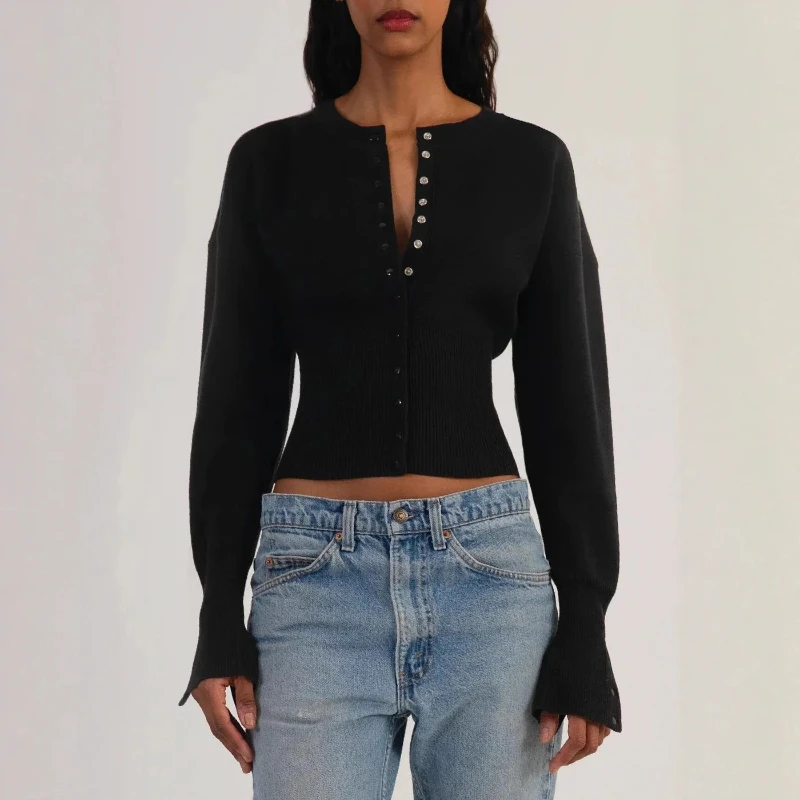 

Thickened Rabbit Velvet Polyester High Waist Short Knitwear Single Button round Neck Women's Fashion Inner Wear Street Style