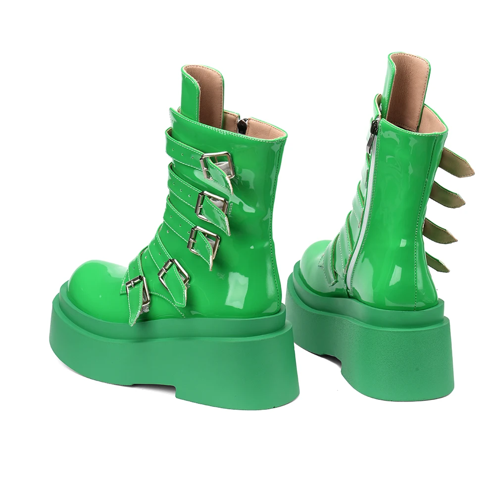 Motorcycle Boots For Women Platform Wedges Ankle Boot women\'s Shoes Brand New 2024 Buckle Strap Booties Fashion Goth Green