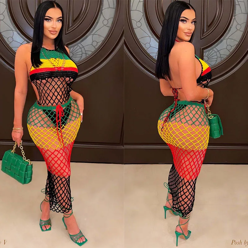 

2024 New Crochet Hollow Out Beach Dress Cover up sexy women Knitted Patchwork Bikini Swimwear Cover-ups Beach wear
