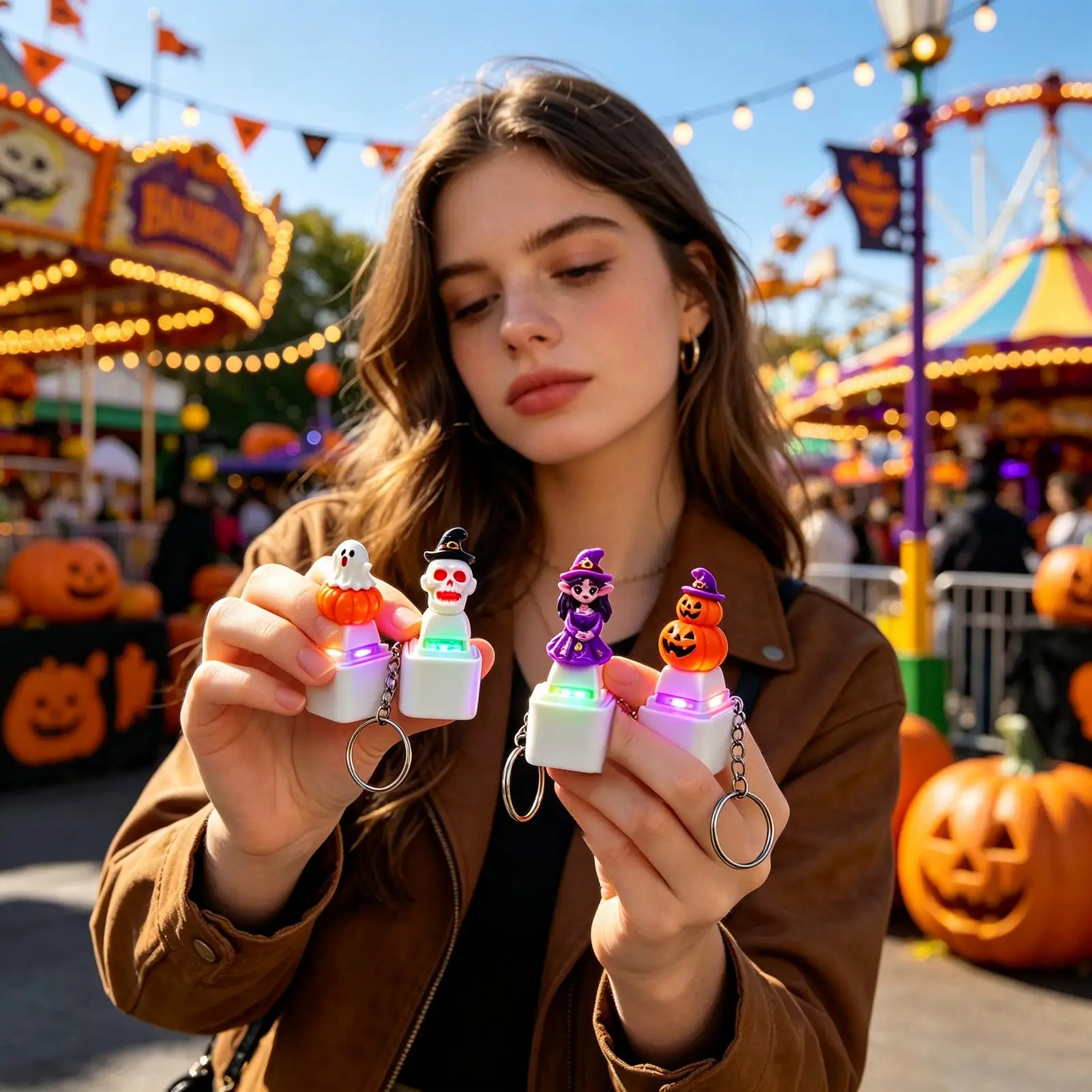 ハロウィーンのキーホルダー4個セット。光る、触覚刺激のある、大人向けのハンドバッグやバックパック、学校に使えるキーホルダー。