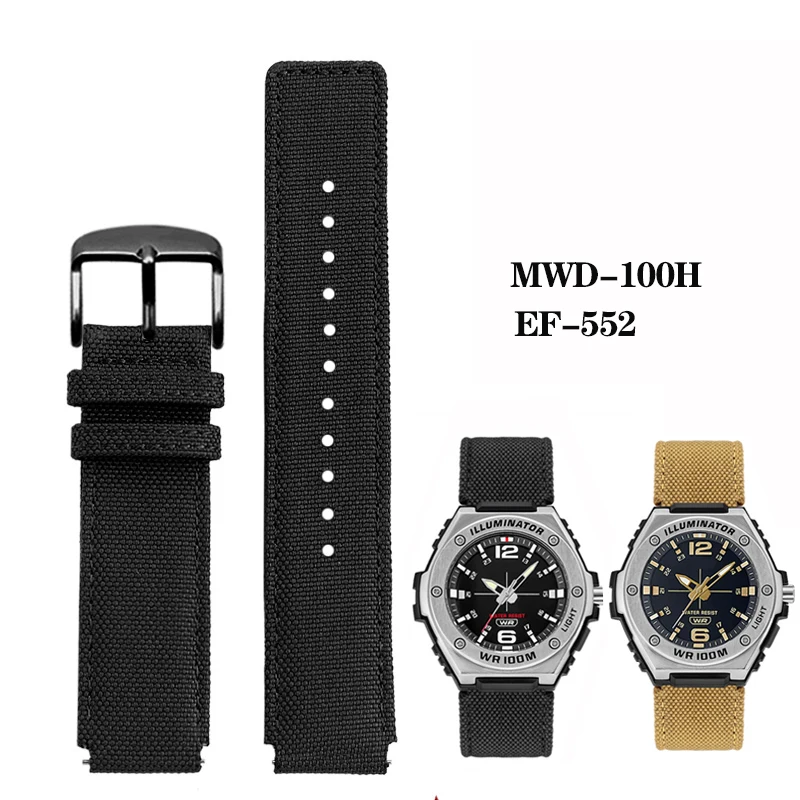 20mm Quick Release Nylon Layer Leather Bottom Watch Strap for Casio MWA-100HD-1A EF-552D EF-552 MWD-100H Raised Canvas Watchband