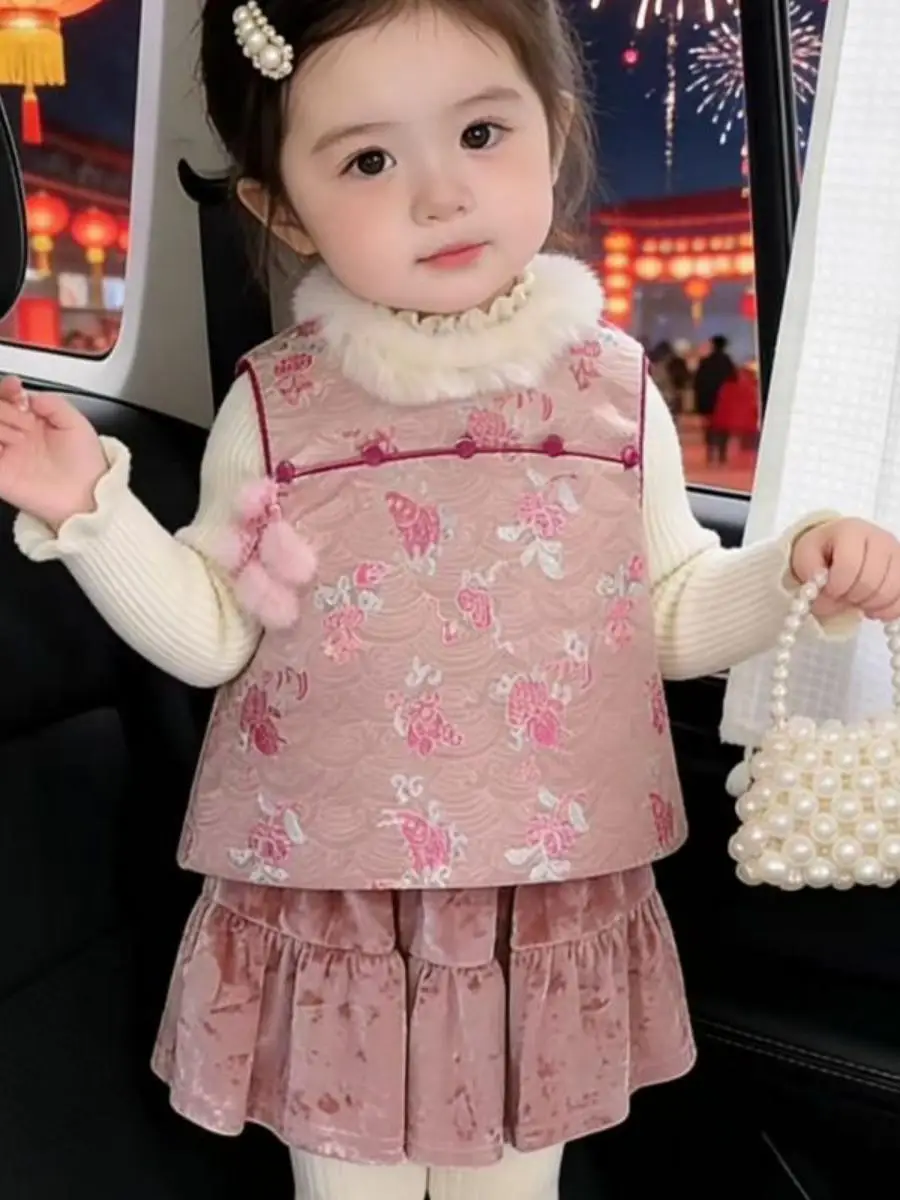 

Зимний китайский костюм для девочек: юбка из хлопкового вельвета с вышивкой и жакет, комплект из двух предметов для новогодних торжеств