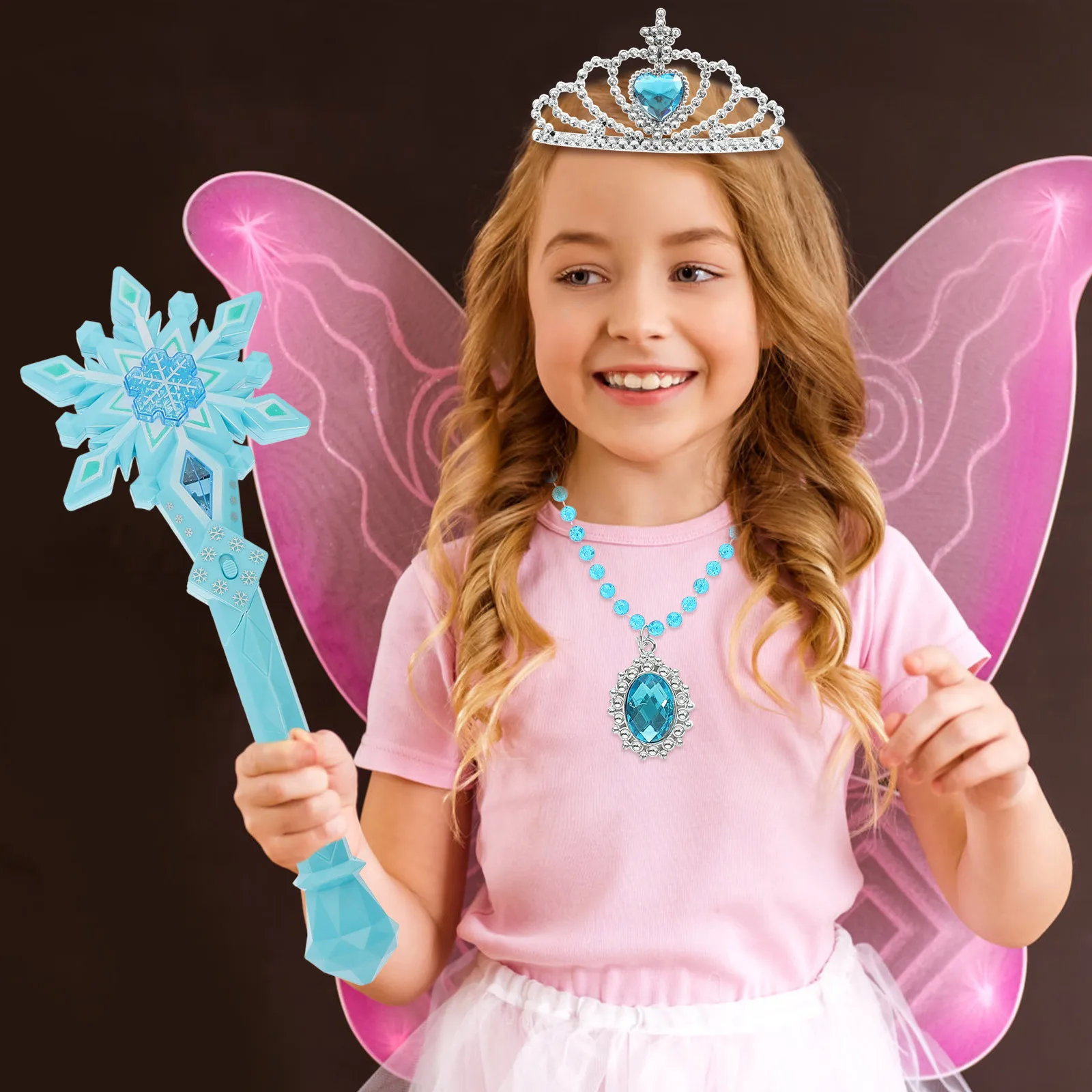 

1Set Light Up Snowflake Fairy Wand Princess Cosplay Costume Child Performance Set Necklace Crown Earring Party