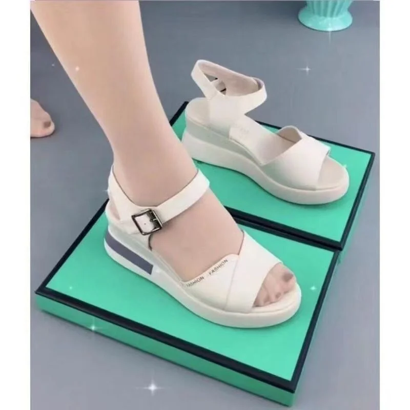 2023 Solid Color Sandals Women Summer New British Style Wedge Heel Fish Mouth Open Toe Breathable Thick Bottom Women\'s Shoes