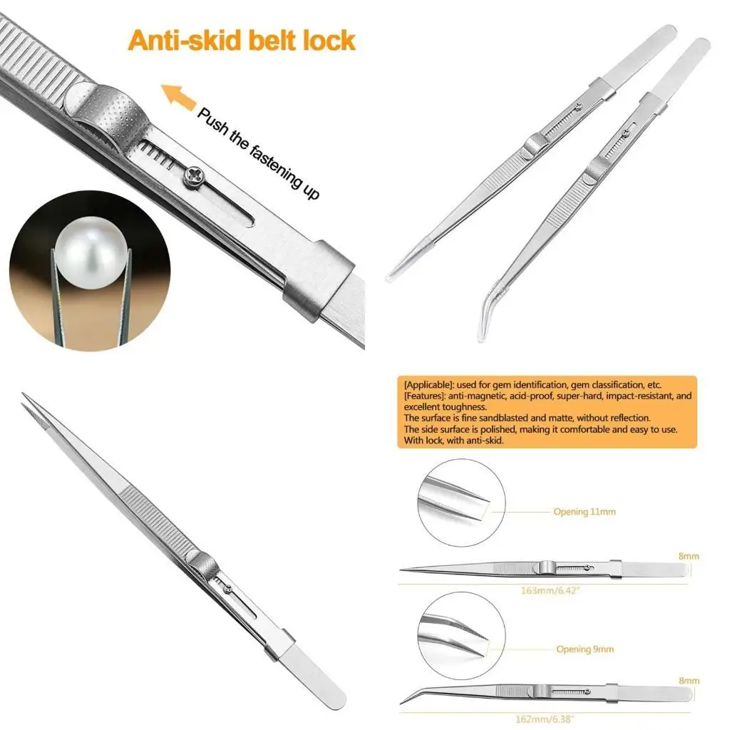

R9UF 2 Pieces/set Stainless Steel Tweezers Jewelry Making Tool Diamond Pick up Tweezers for Gemstone DIY Crafting 2 Types