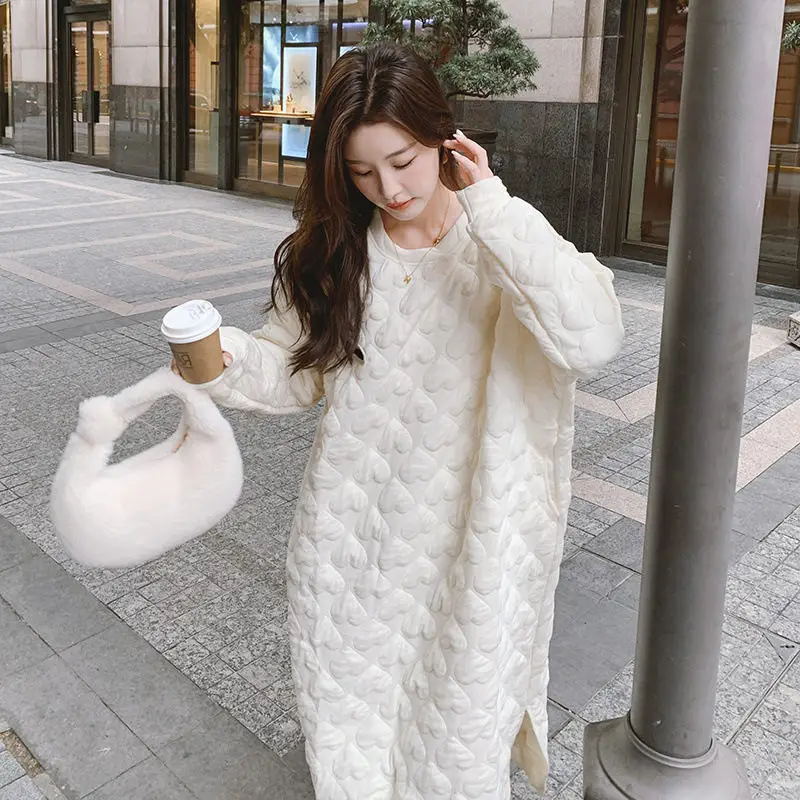 Winter Quilted Dress Loose Soft Love Embossing Simple Casual Fashion Beige O- Neck Long Sleeve Sweatshirt Dress For Women Z2313