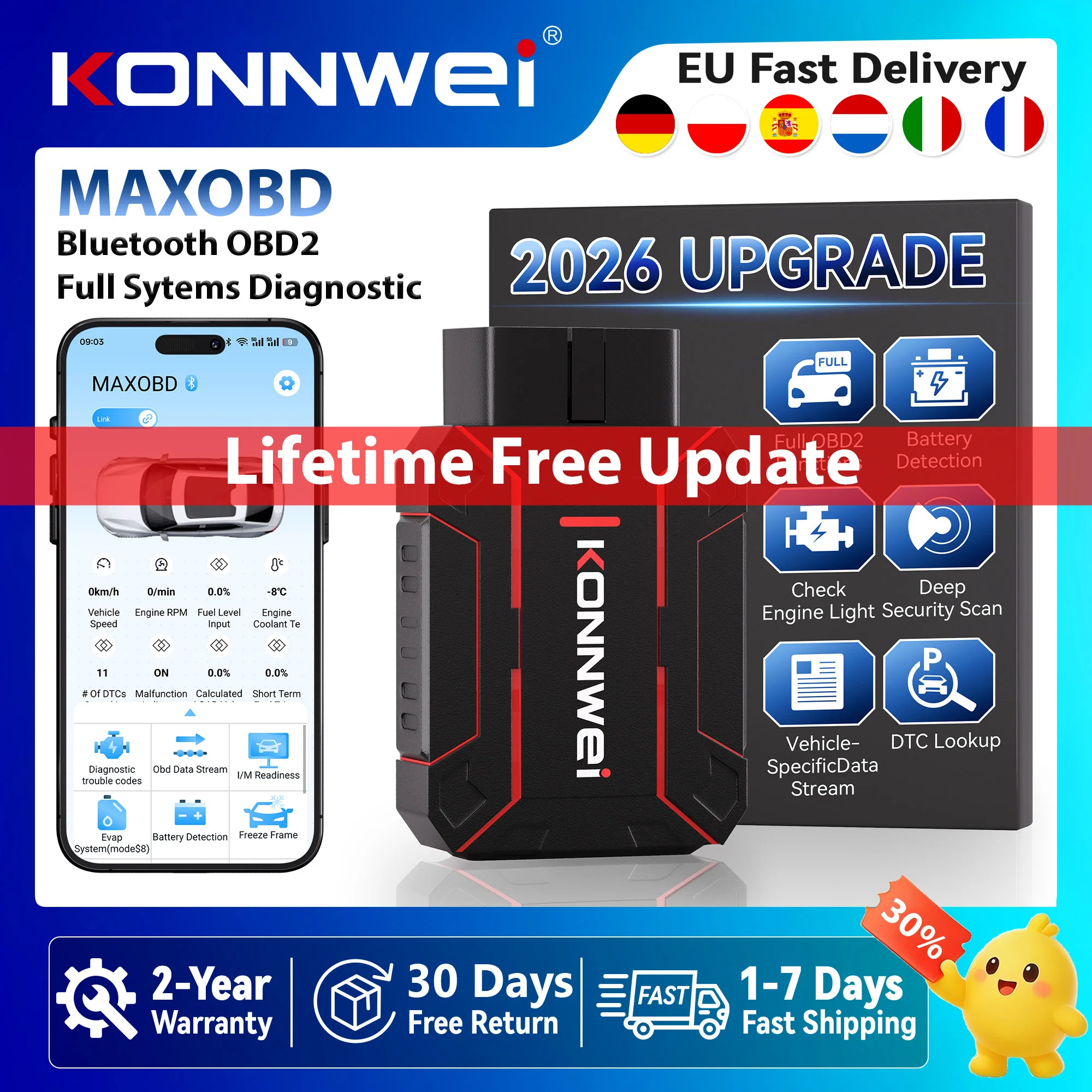 2026 KONNWEI MAXOBD Auto OBD2 Scanner Kabellos Bluetooth 5.0 Vollsystem-Diagnosegerät SRS SAS ABS DPF TPMS Batteriesystem Codeleser Kostenloser Versand