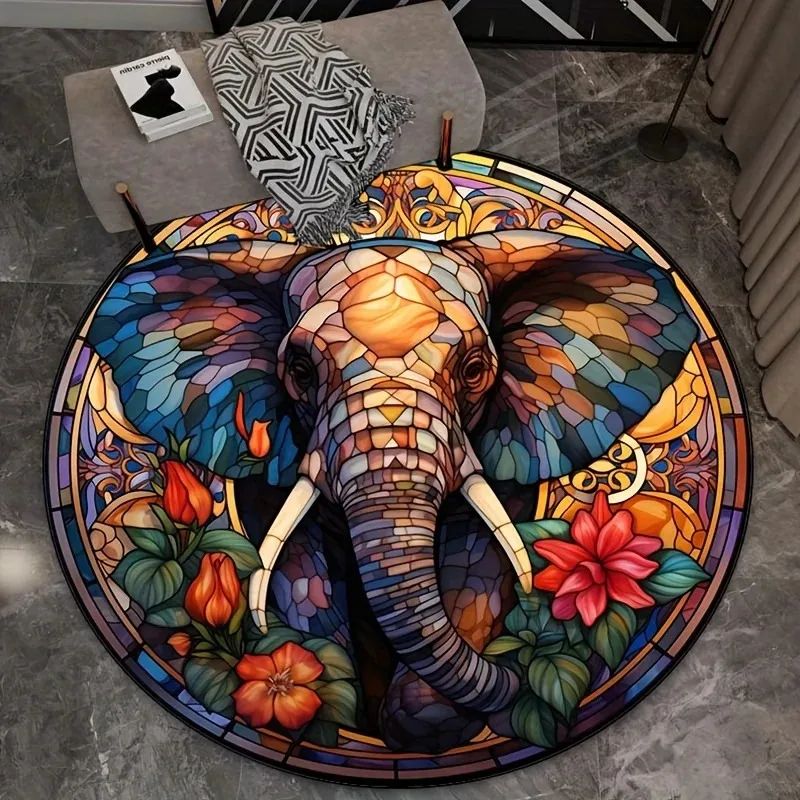 Stained Elephant Floral Round Area Rug Soft Carpet Colorful Mosaic Animal Flower Print Mat for Living Room Bedroom Home Decor