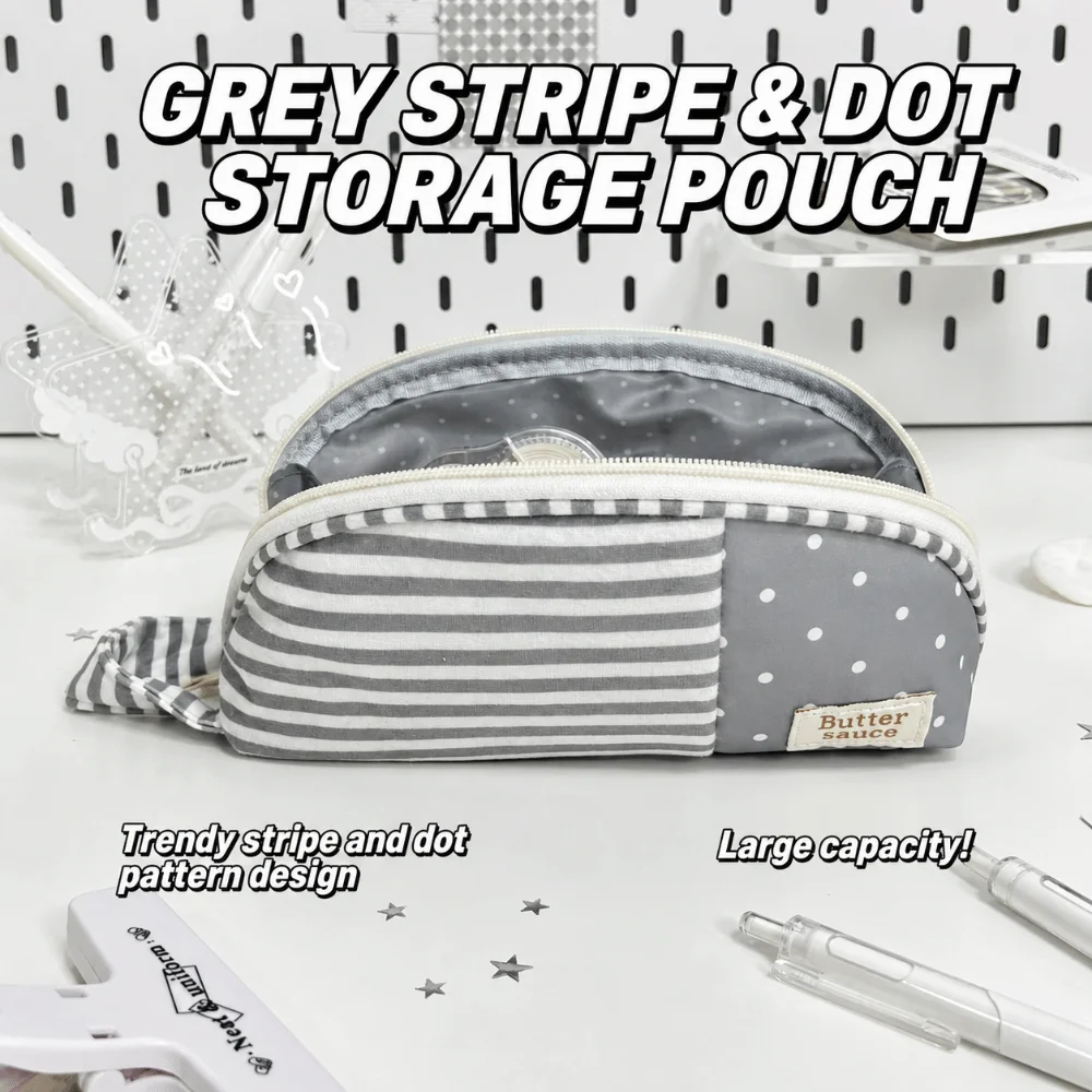 Korean Style Stripe Patchwork Pencil Case Polka Dot Shell Shape Pencil Pouch Multi-compartment Handheld Stationery Bag Gift