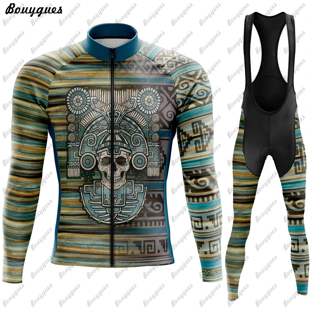 Skull Men Winter Thermal Fleece And Thin Cycling Clothes Set Long Sleeves Jersey Suit Outdoor Riding Bike MTB Bib Pant Clothing