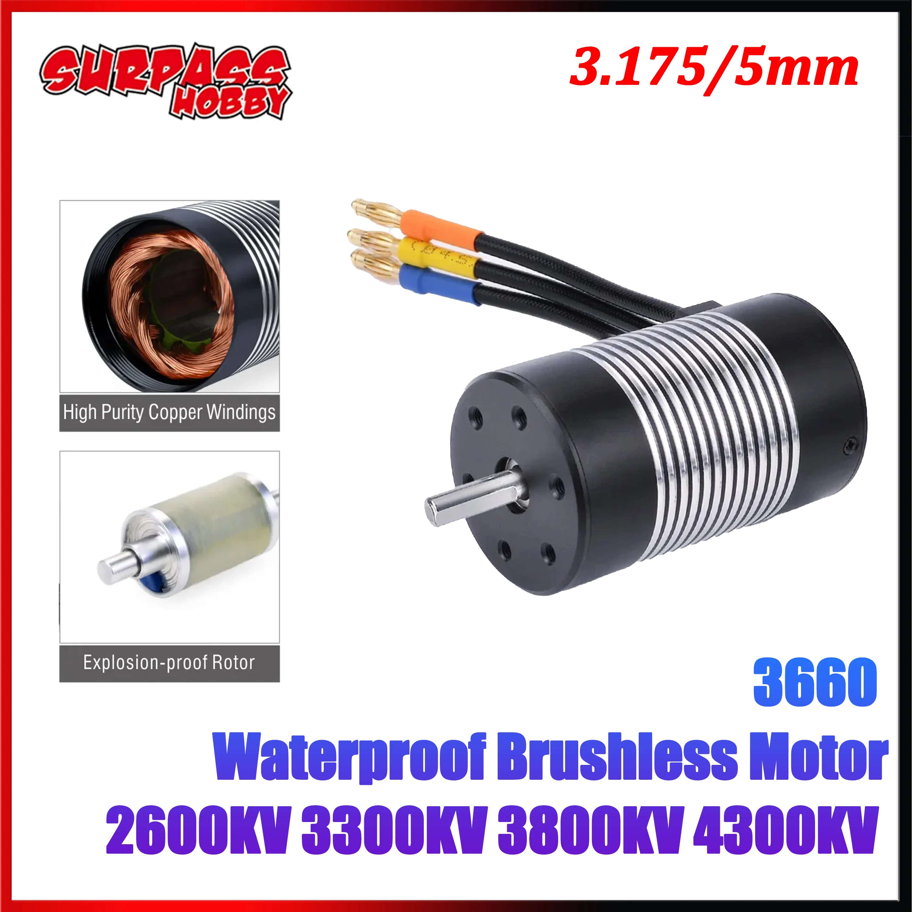

SURPASS HOBBY 3660 Waterproof Brushless Motor 3.175/5mm 2600KV 3300KV 3800KV 4300KV for 1/10 RC Drift Crawler Car Model Toy Part
