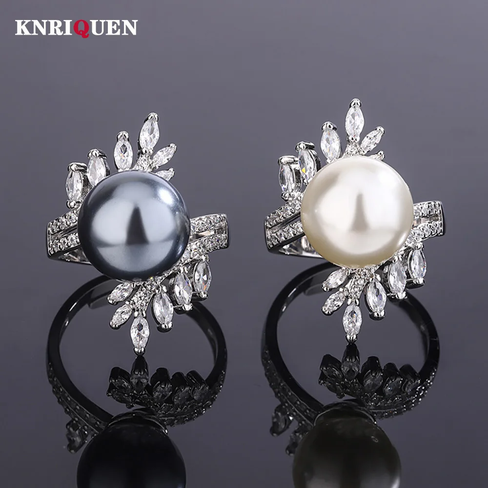 

Luxury 12MM Black White Pearl Adjustable Rings for Women Lab Diamond Cocktail Party Fine Jewelry Elegant Accessories Lady Gift