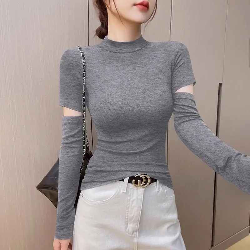 Sexy Rollkragenpullover mit Aussparungen, Langarm-T-Shirt für Damen, Einfarbiges Basic-Oberteil, Hochgeschnittenes, Gewaschenes Y2K-Top in Schwarz und Grau – Detail 1