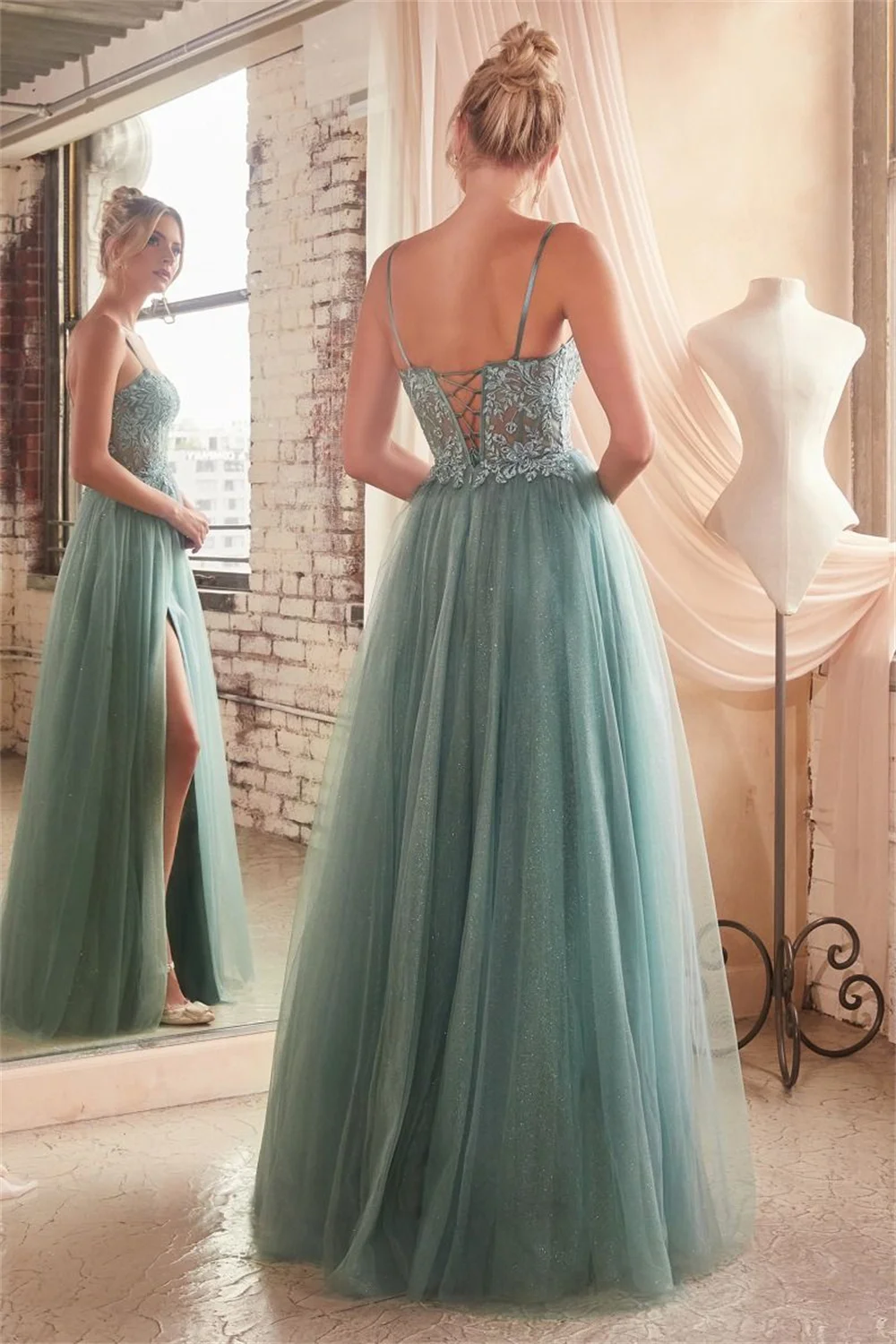 Tulle Spaghetti Straps Strapless Prom Dresses With Split Sheer Corser Lace Appliques Formal Evening Party A-line Long Ball Gowns