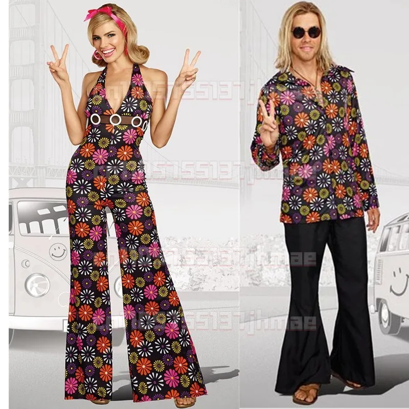 

Women Men 60s 70s Vintage Hippie Gogo Disco Dance Cosplay Costumes for Couple Halloween Party Costume Music Festival Dress Up
