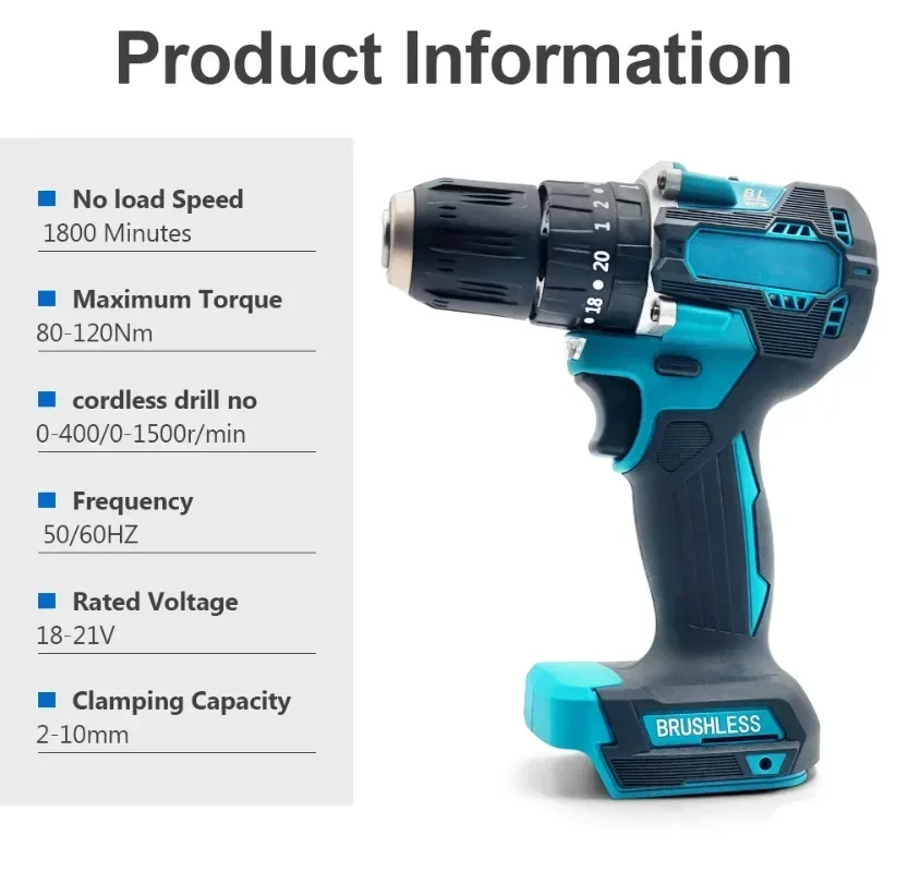 Brushless Cordless Electric Impact Drill Hammer, 3 em 1, 10mm, 20 + 2 Torque, Chave de fenda elétrica, Ferramentas elétricas para bateria Makita