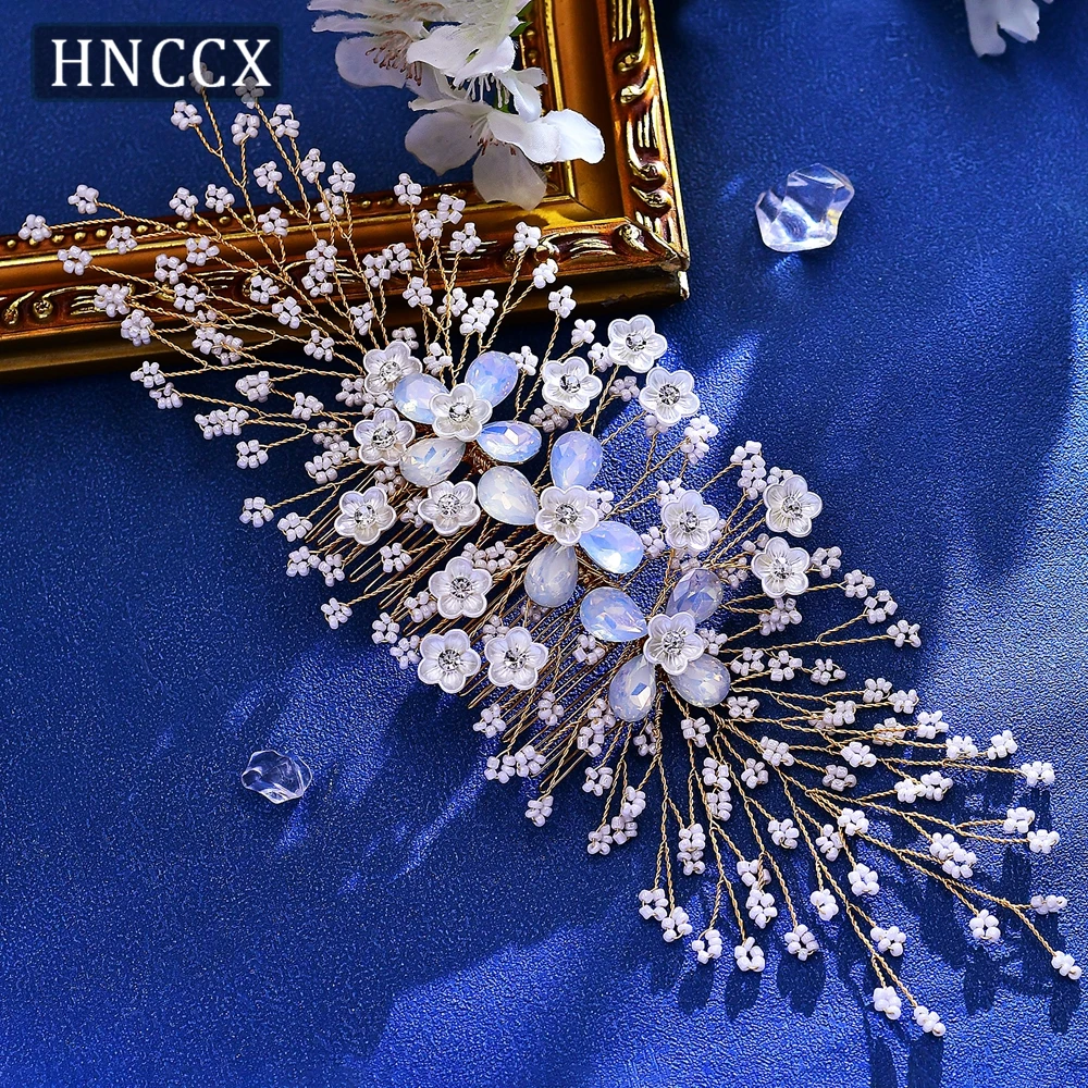 HNCCX Bride Gold Color Hair Comb Wedding Beaded Headwear Handmade Shell Flower Party Headpieces Women Hair Accessories CP279