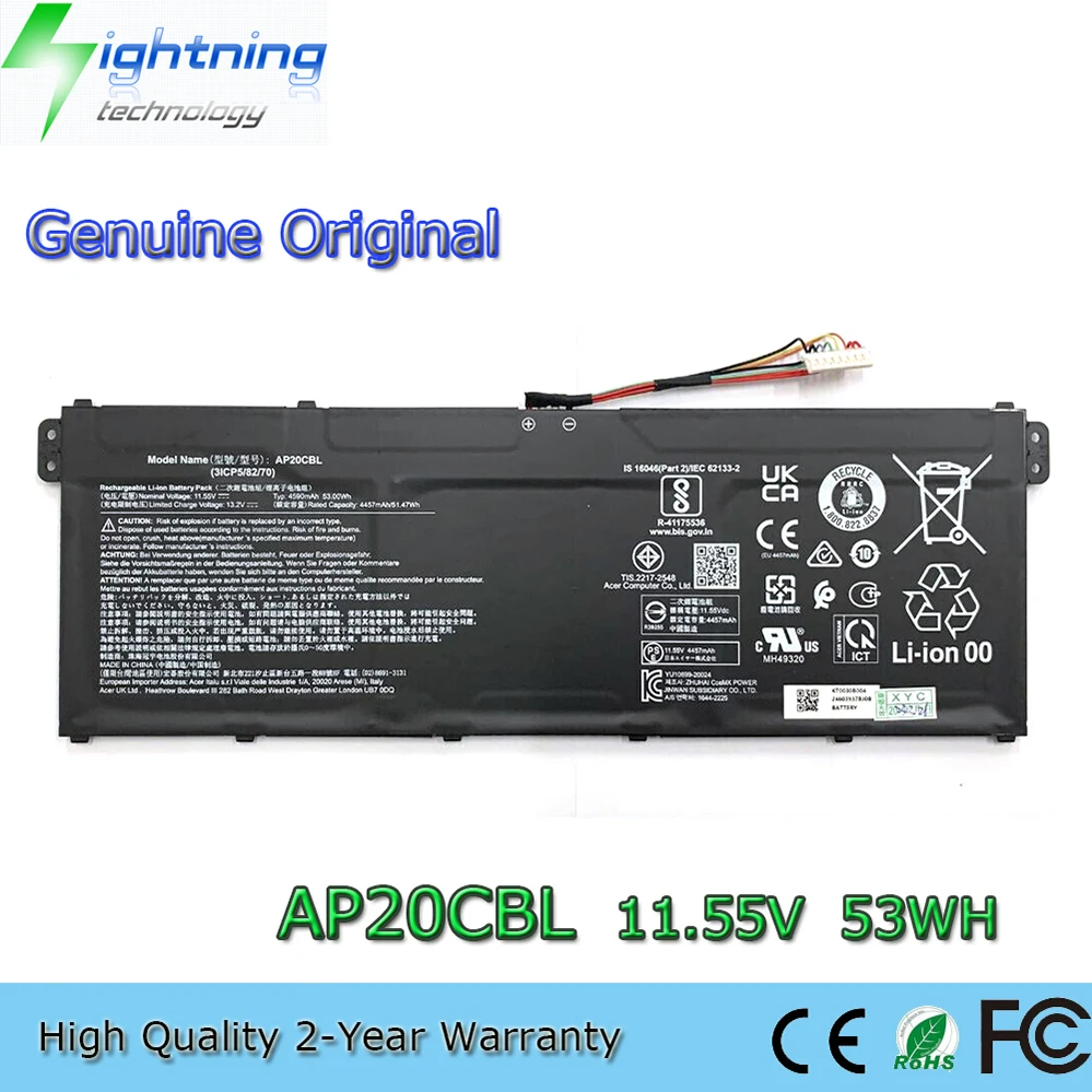 Genuine 11.55V 53Wh AP20CBL Notebook Battery for Acer Aspire 5 A515-45 Swift SF314 R5-5500U Chromebook 512 C852 514