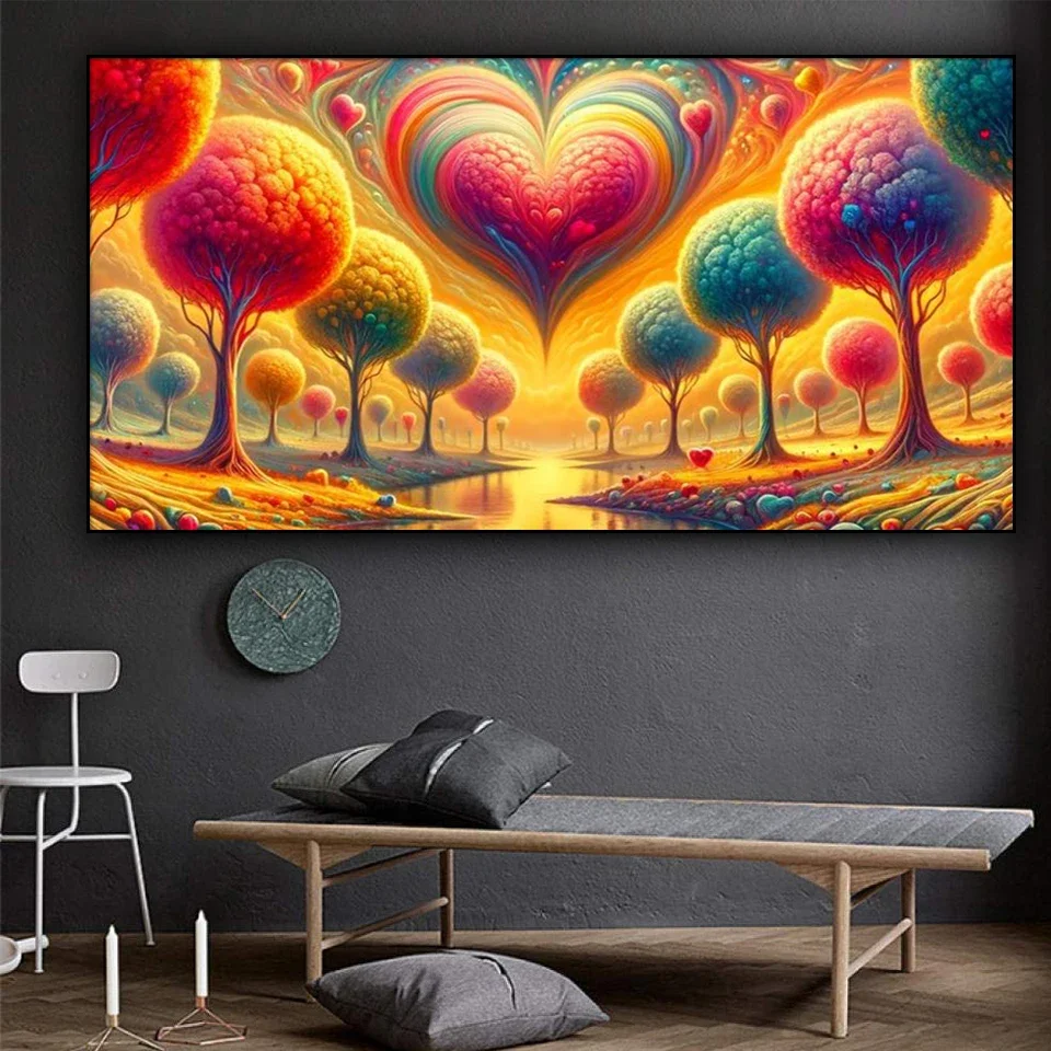 Autumn Heart Shaped Yellow Tree Landscape Diy Diamond Painting Kit Full Square Round Diamond Art Picture for Home Wall Decor