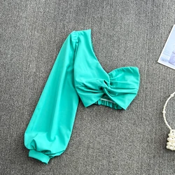 Skew Collar Sexy Blouse Elastic Waist Ruched Long Sleeve Slim Beach Tops Women Korean Style Solid Short Blouses 2022