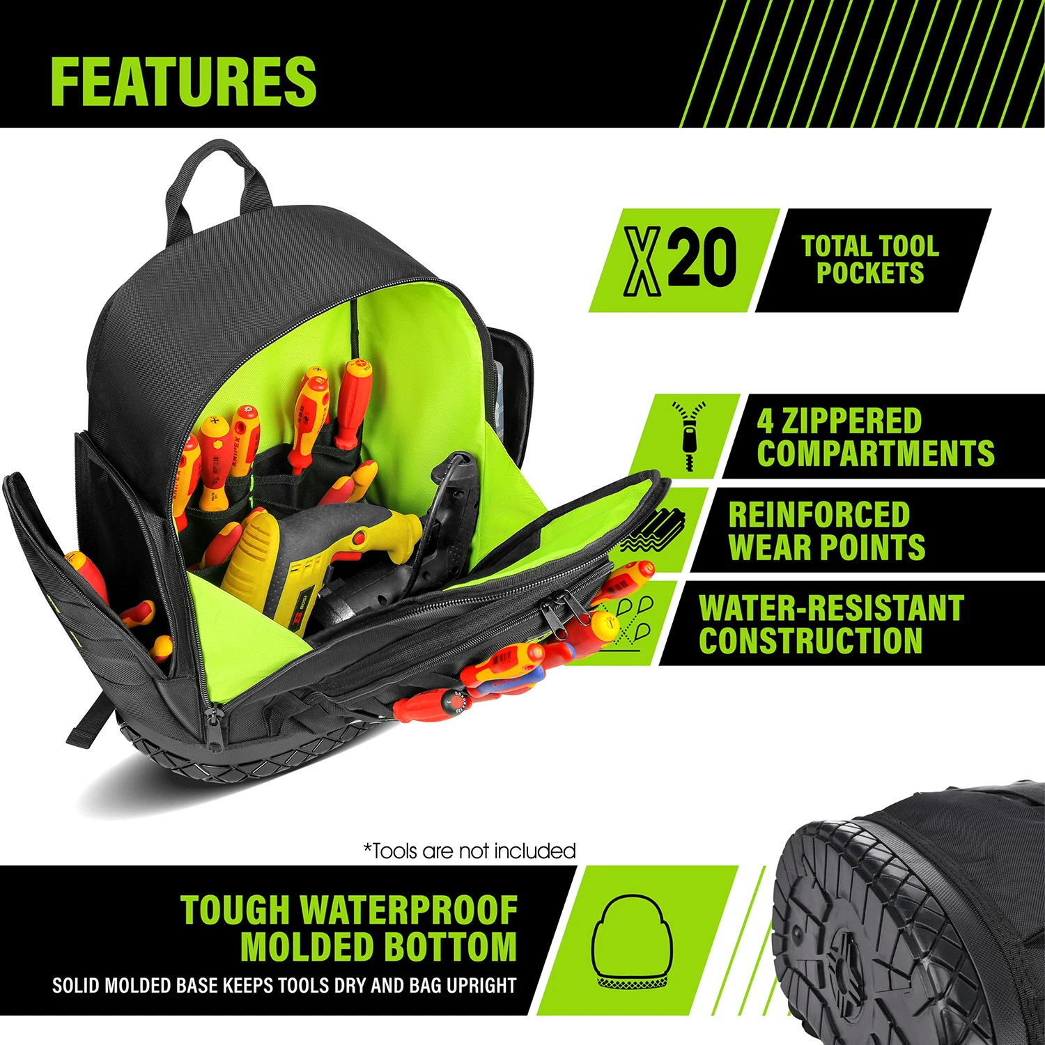 Zaino per attrezzi Jakah con tasche interne in plastica, grande tasca trasparente con cerniera, organizer per attrezzi per attrezzi da elettricista HL096