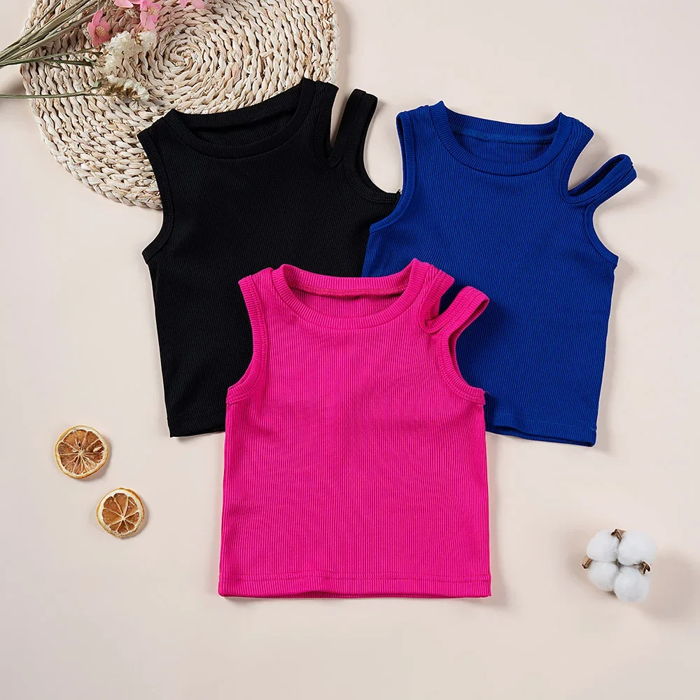 Toddler Tank Top 3 Color Set 3-piece Summer Sleeveless Tank Top Left Shoulder Strap Fashion Casual Daily Wear or Party Wear