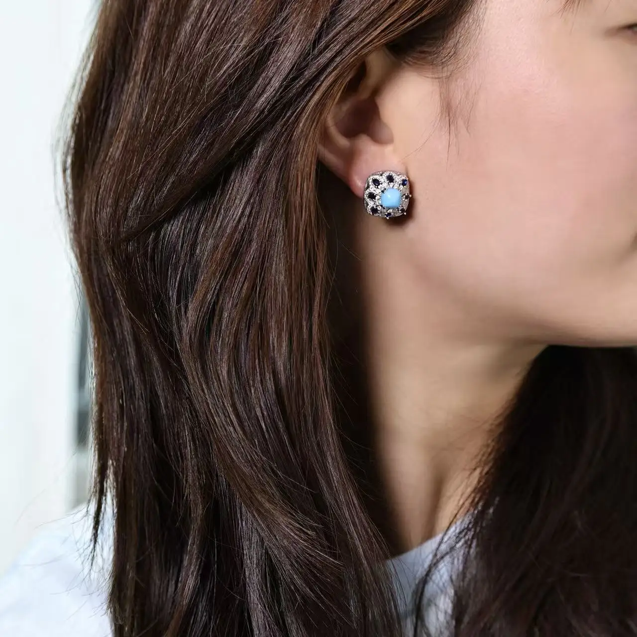 Lab-Grown Turquoise Ear Clips Fine Jewelry 925 Sterling Silver Vintage Old Money Earrings Engagement Daily Jewelry For Women