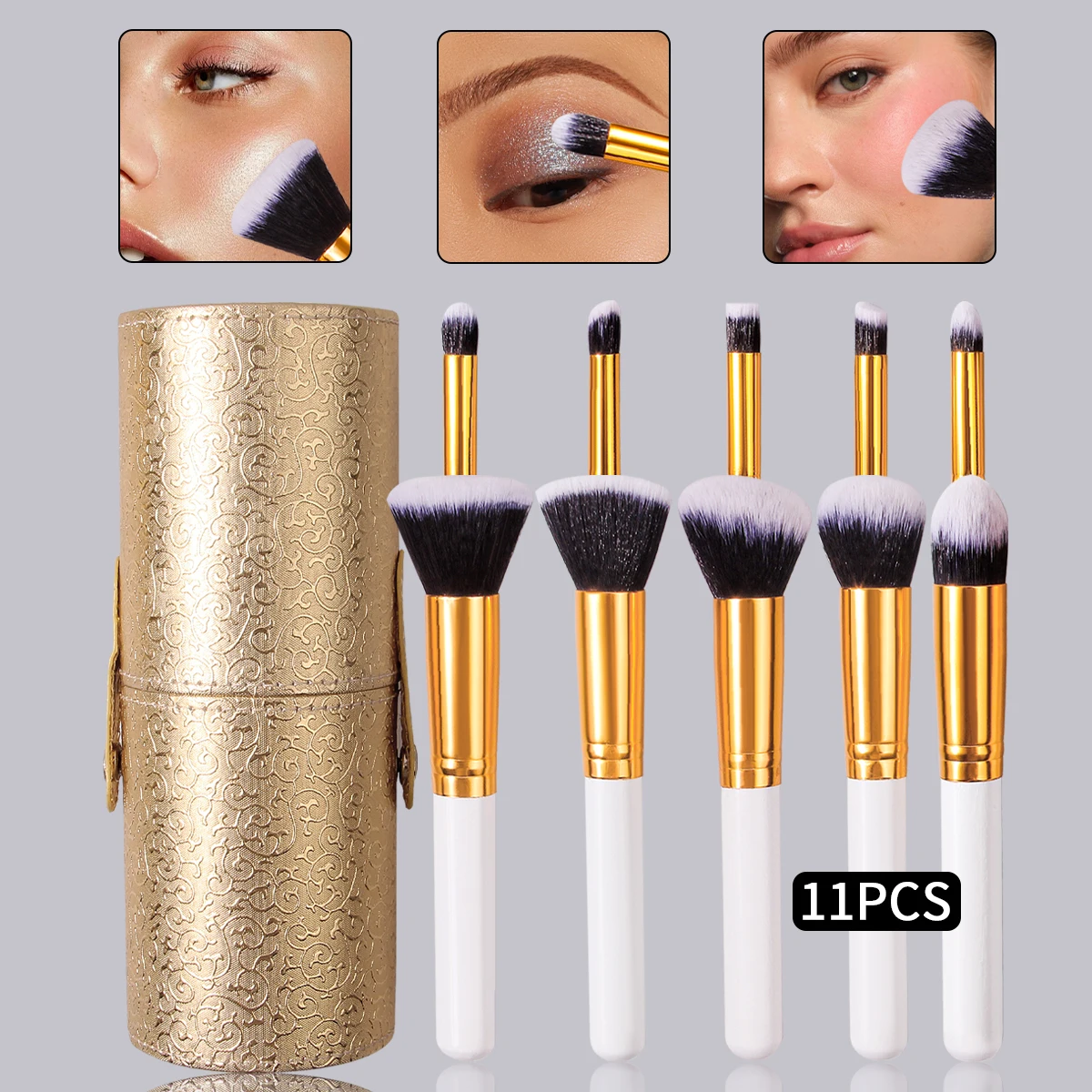 Juego de brochas de maquillaje con cubo de almacenamiento de gran capacidad, juego de brochas de maquillaje de nivel profesional para principiantes, bolsa de PU, 11 Uds.