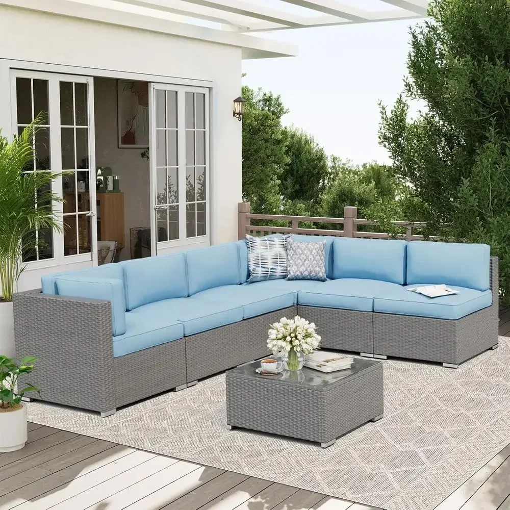 7-Piece Grey Wicker Outdoor Patio Sectional Sofa Set with Glass Top Table and Blue Cushions
