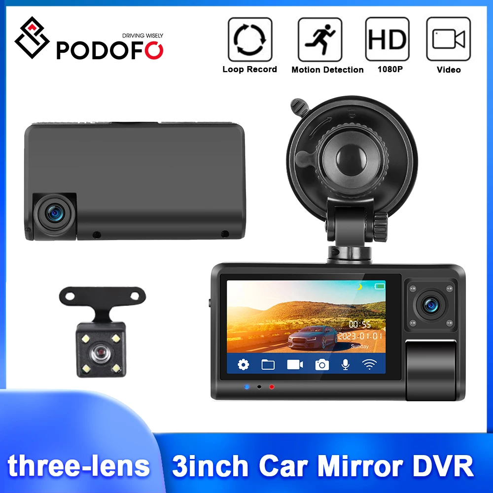 Podofo 3inch Car DVR Waterproof IP66 150° Wide Angle Rear View 3 Lens HD Dash Cam Drive Recorder Type-C Car Mirror Monitor