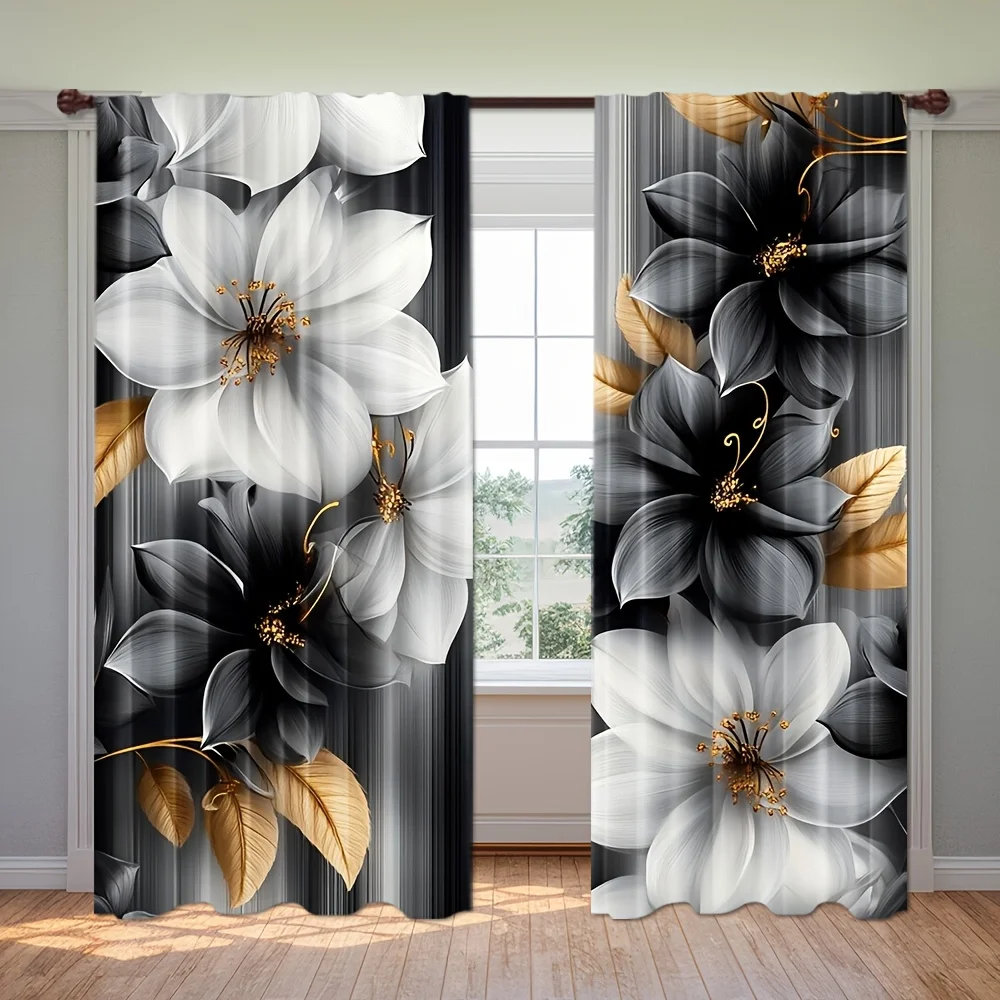 2pcs Black White Flower Curtains Gold Leaf Elegant Print Drape Luxury Living Room Window Treatment Modern Home Decor Panels