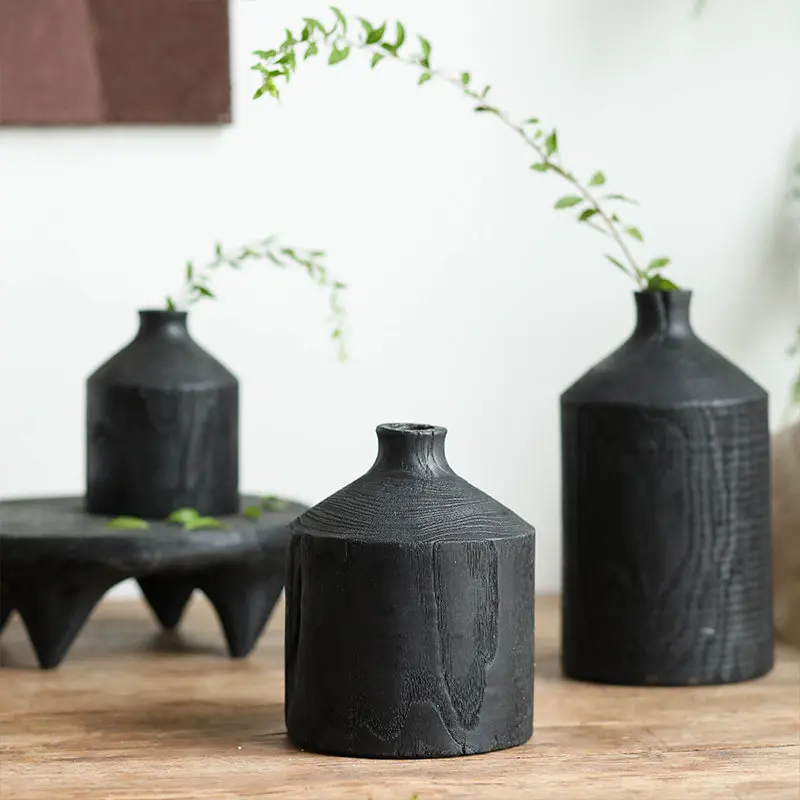 Wabi Sabi Handmade Black Round Narrow Mouth Wood Vase B&B Versatile Soft Decor Solid Wood Vintage Distressed Table Centerpiece