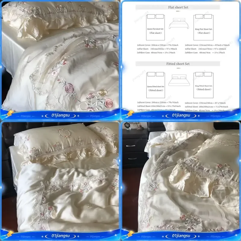 800TC Lyocell Bamboo Fiber Bedding Set Soft Silky Rose Floral Embroidery Lace Ruffles Duvet Cover Flat Fitted Sheet