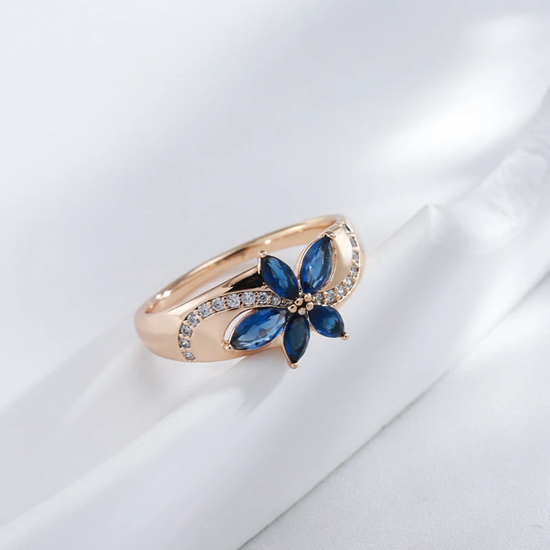 Kinel New Blue Natural Zircon Ring for Women 585 Rose Gold Flower Rings Vintage Ethnic Bride Wedding Jewelry Party Accessories
